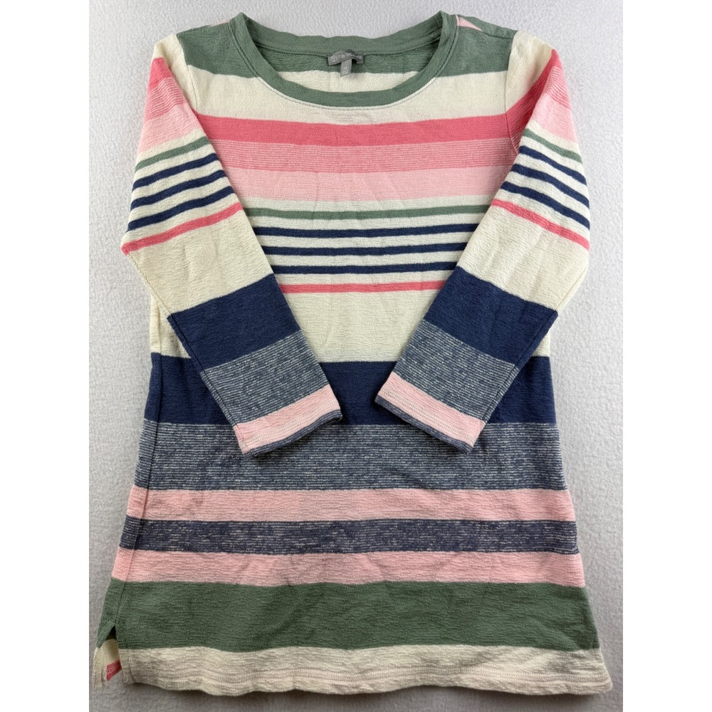 T by Talbots Womens XS Striped Cotton Tunic Top Pink Green Navy 3/4 Sleeve VN244